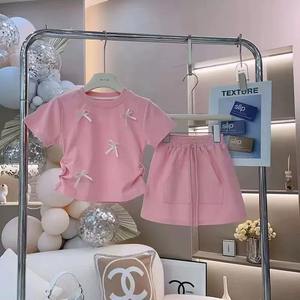 2025年新作サマーコレクション ベビーガール用コットンシャツトップス、リボン付きプリンセススタイルTシャツセット