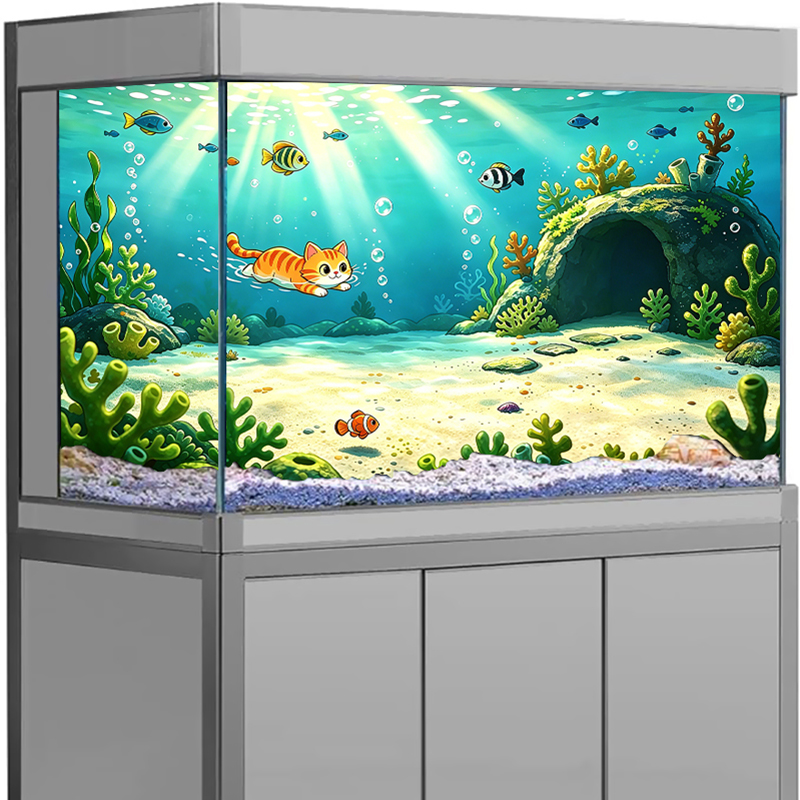 水族館の背景ステッカー PVC 水槽の背景ポスター森林ストリーム夕日湖かわいい漫画 3D 風景自己粘着