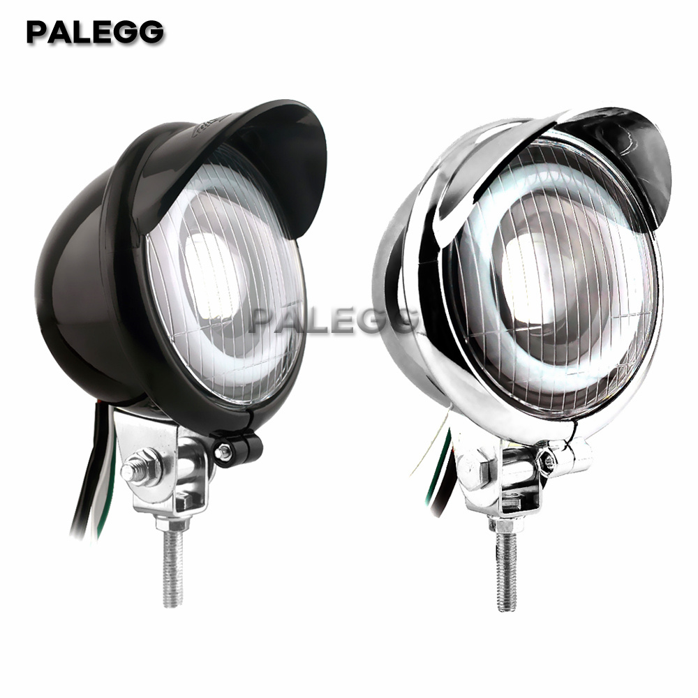 オートバイクローム LED フロントヘッドライトカフェレーサースポットフォグライトエンジェルアイハーレーボバーチョッパークルーザーツーリングカスタム