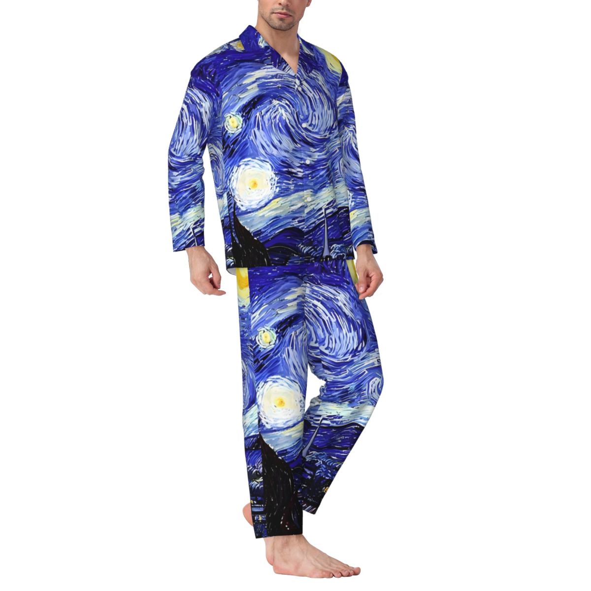 パジャマ男性星月夜ゴッホ山の寝室パジャマ 2 個レトロパジャマセット長袖暖かい特大ホームスーツ