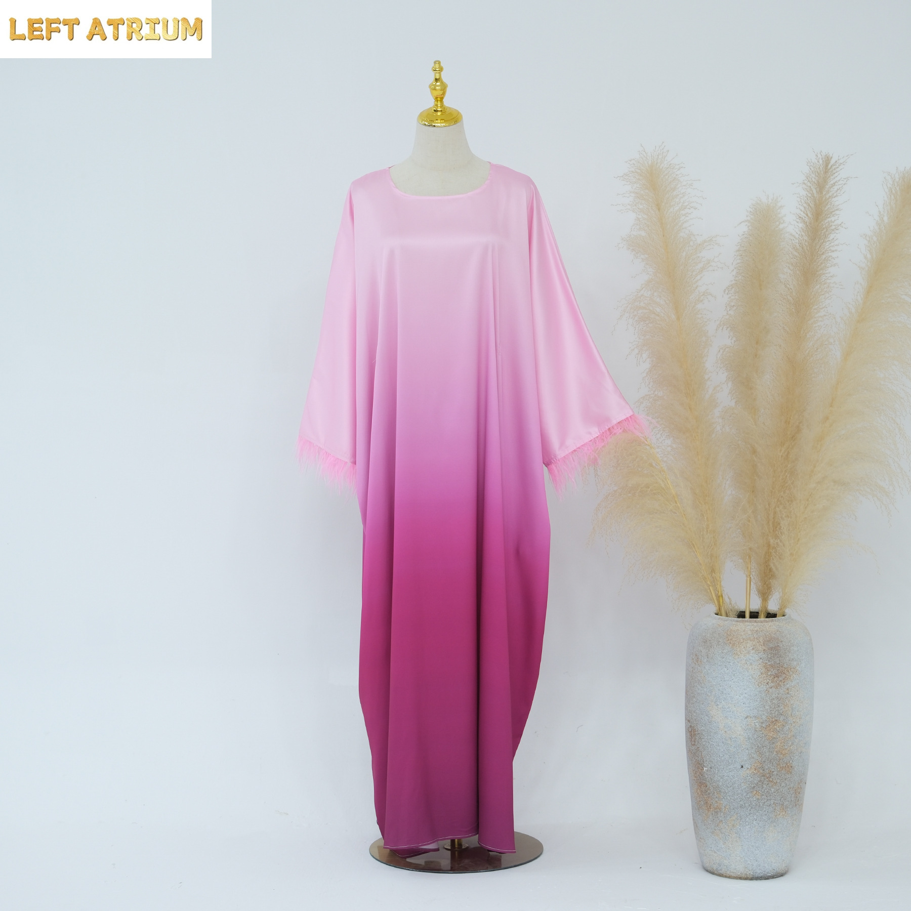 Muslim Fashion Abaya Robe Satin Batwing Abaya with Feather Sleeves Luxury Muslim Ombre Purple Satin Silk Abayas