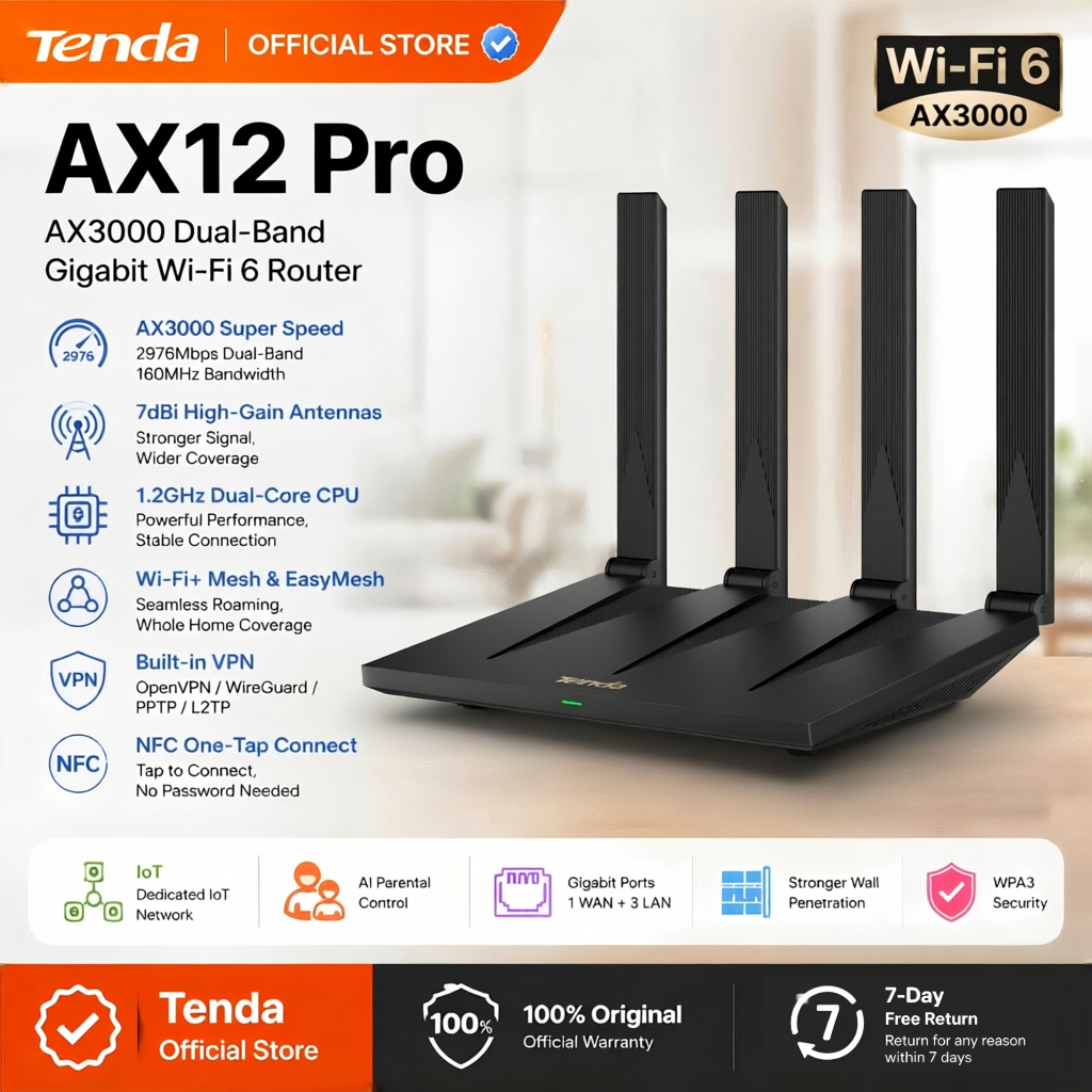 Tenda AX12 Pro AX3000 WiFi 6 ルーター 160MHz デュアルバンドギガビットメッシュ VPN NFC 信号ブースター高利得アンテナより良いカバレッジ