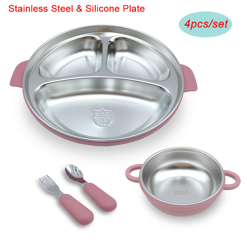 ベビー給餌セットステンレス鋼プレートボウルスプーンシリコーン吸盤シリコーン食器子供のためのシリコーン子供食器