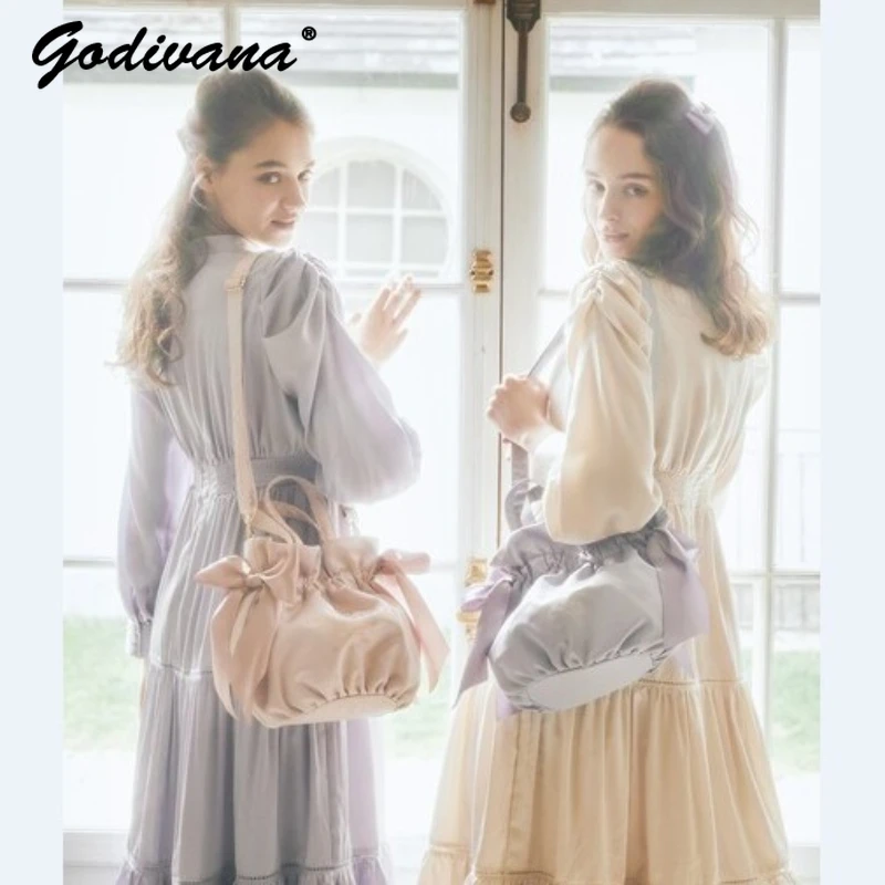 和風新両面巾着バッグ甘いかわいい女の子レディースサテンリボンクロスボディショルダーポータブルハンドバッグ