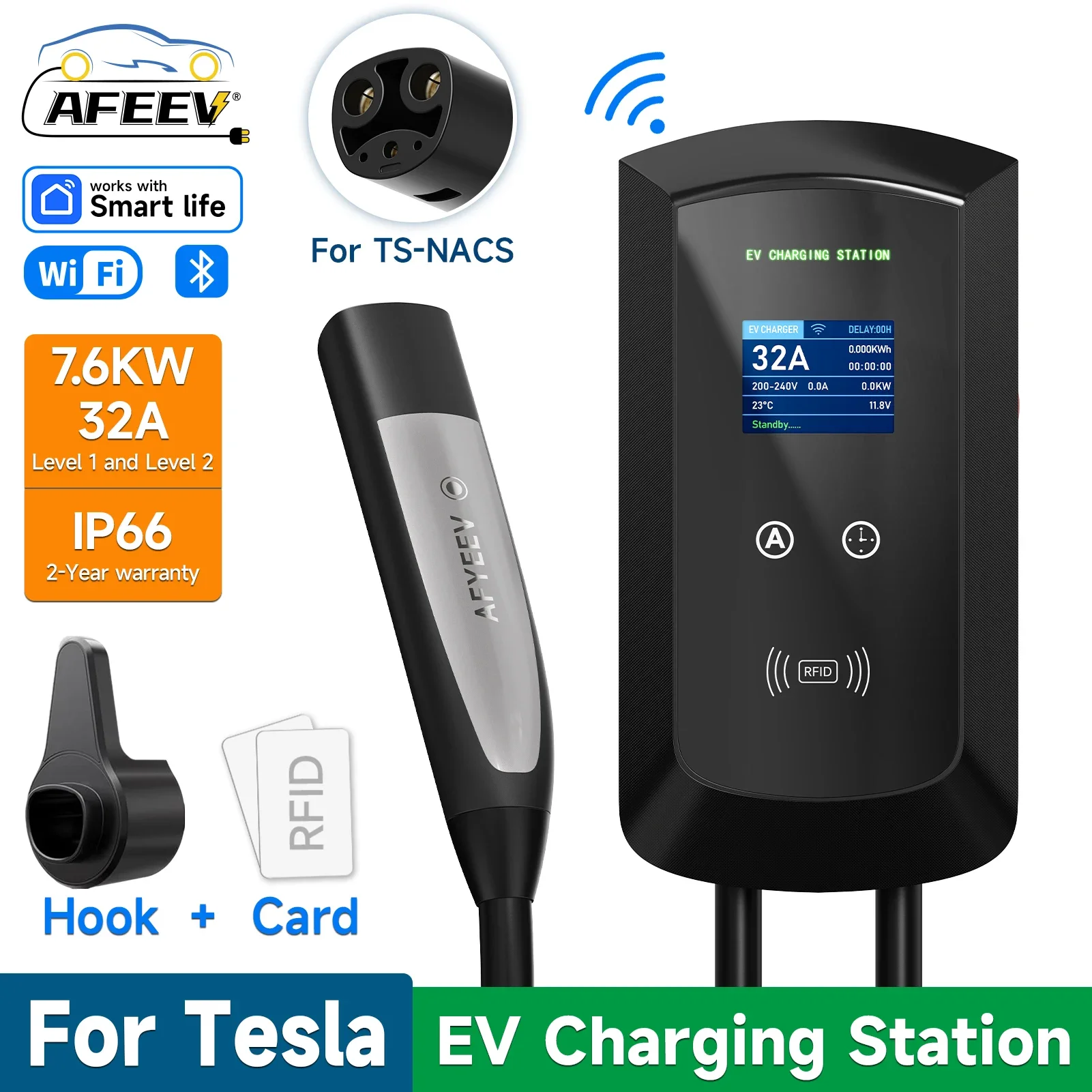 AFEEV 7.6KW 32A 1 相 EV 充電ステーションテスラモデル 3/X/Y/S ウォールボックス EVSE 電気自動車充電器 WiFi Bluetooth APP 制御