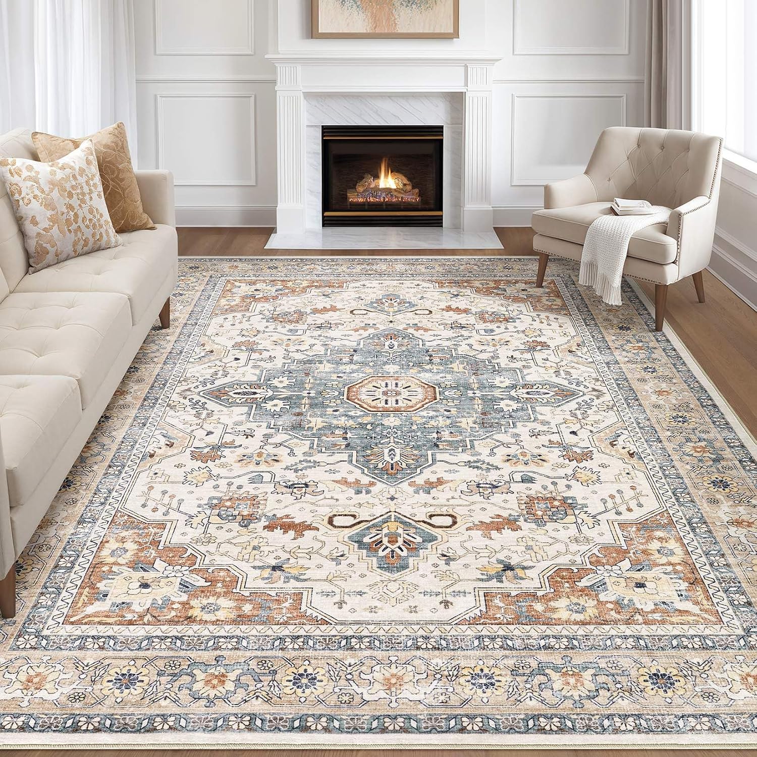 8x10 Washable Area Rugs for Living Room, Boho Vintage Non-Slip Distressed Medallion Low Pile Carpet, Stain Resistant Soft Floor Rug for Bedroom Dining Room, Beige Blue