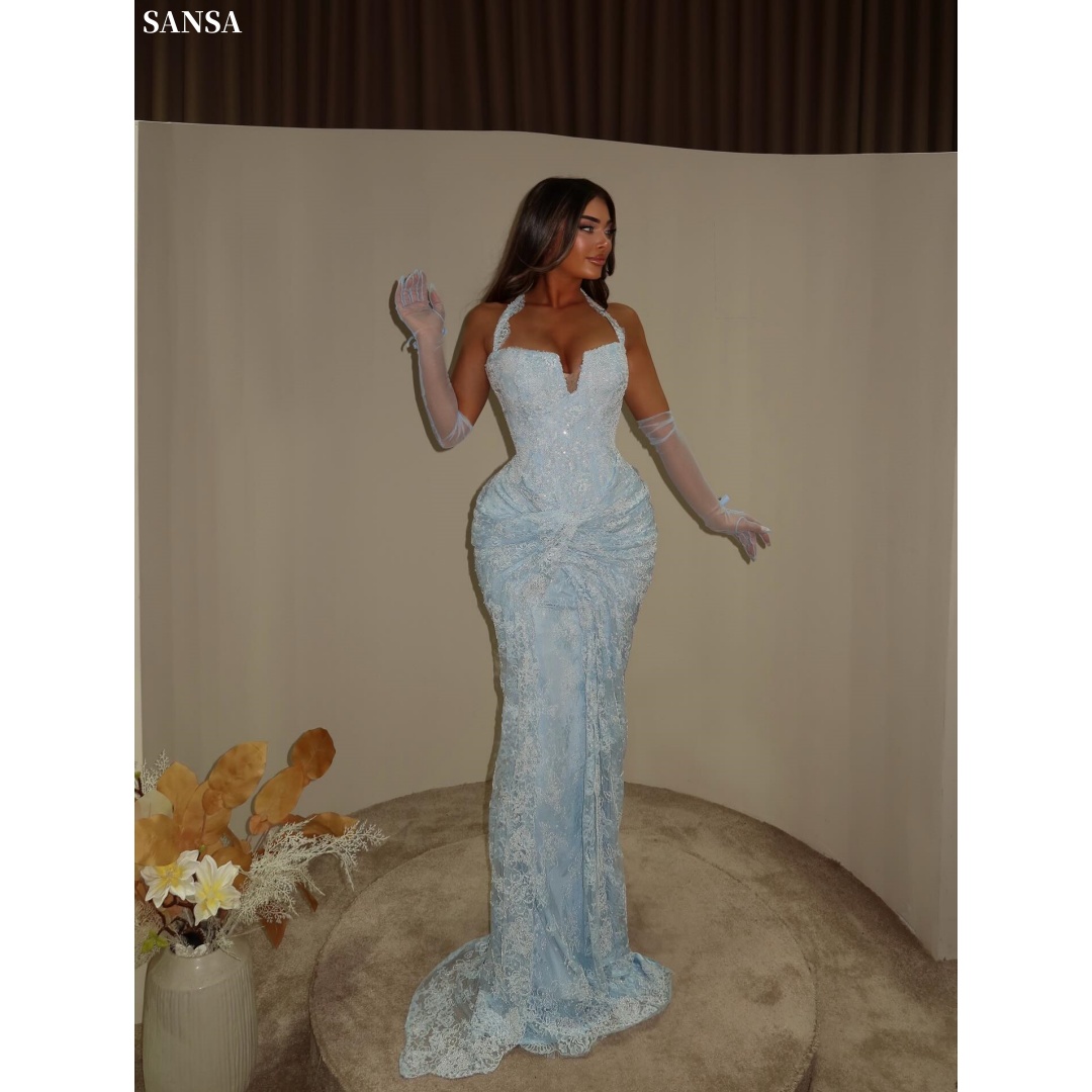 Sansa カスタマイズされたサファイアブルーマーメイドウエディングドレス魚の骨ノースリーブのvestidos de noche刺繍フォーマルイブニング2026