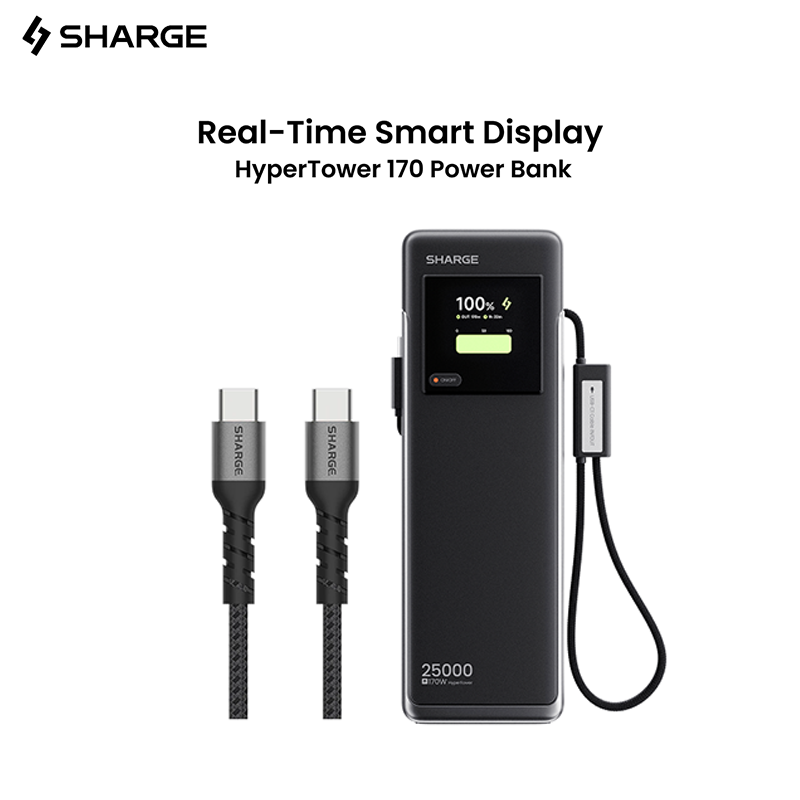 SHARGE 170W ラップトップパワーバンク 25000mAh デュアル内蔵 USB-C ケーブル高速充電バッテリーパック iPhone 17/16 Pro Max MacBook 用
