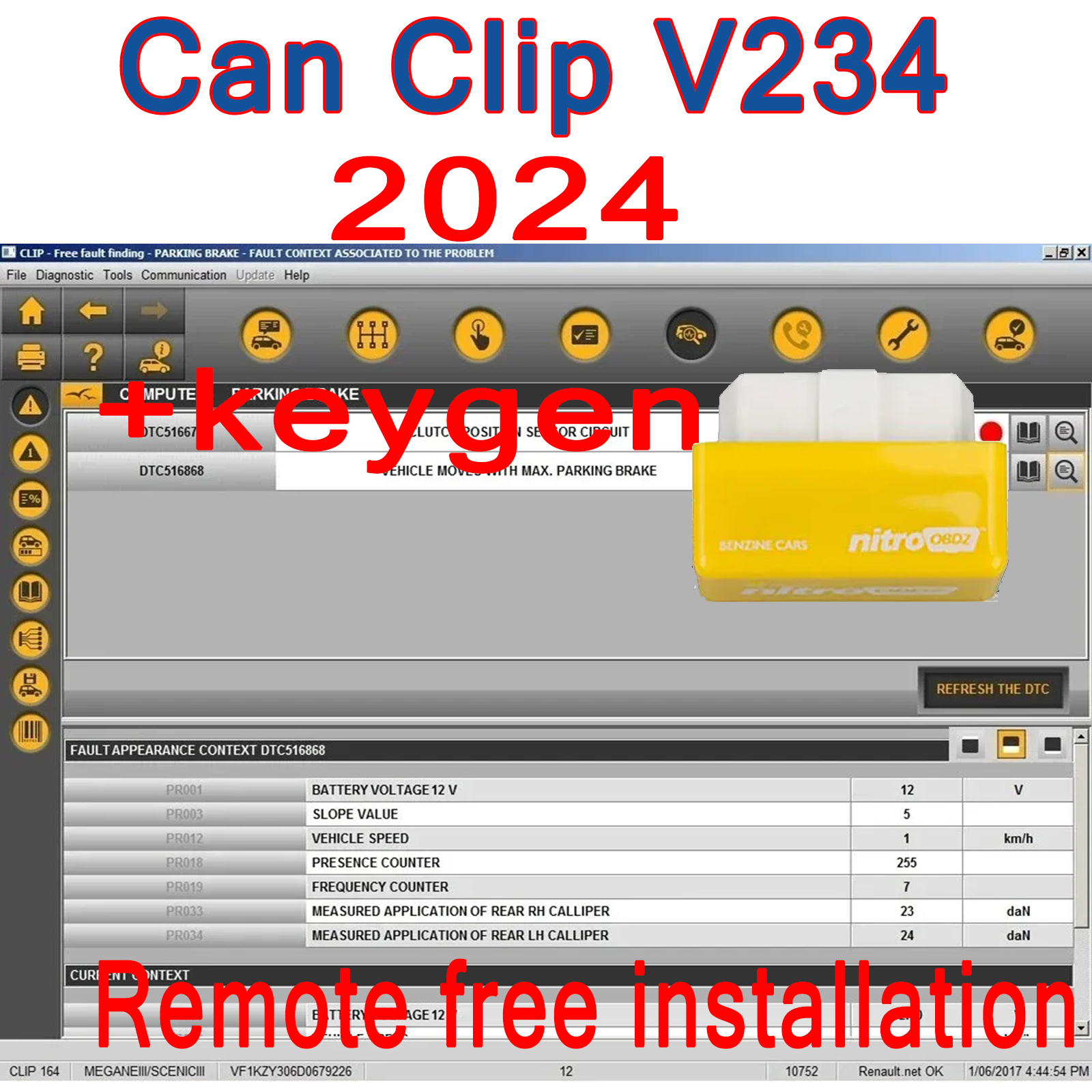 2024 缶クリップ V234 最新ソフトウェアルノー OBD2 診断ソフトウェアギフトニトロ自動車修理ソフトウェア HGWU