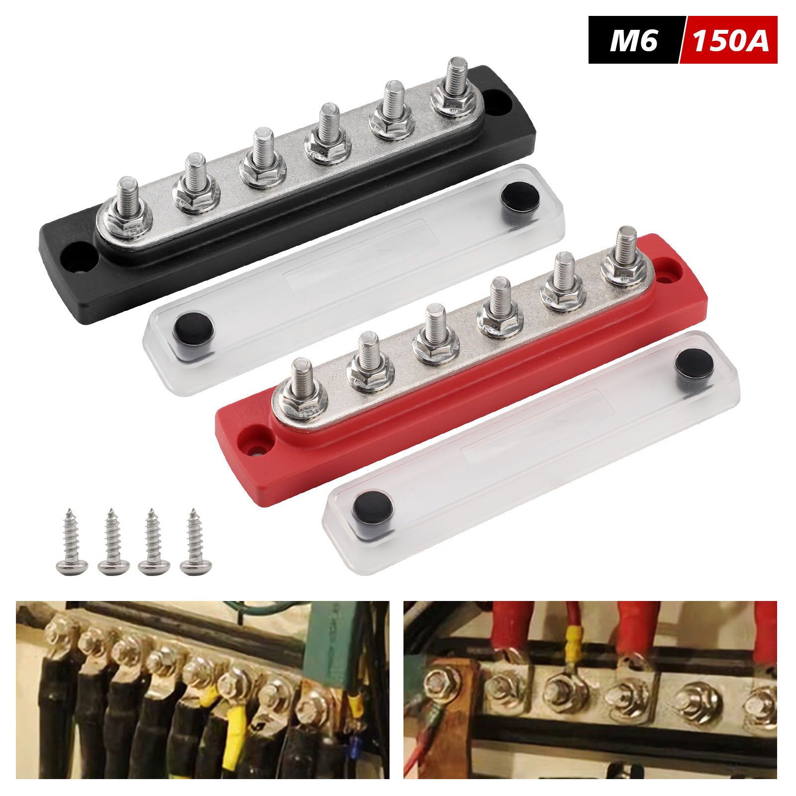 150A 配電ブロック 48V バスバー端子台 6 × M6 端子スタッド海洋バスバーとカバー付き車のトラック