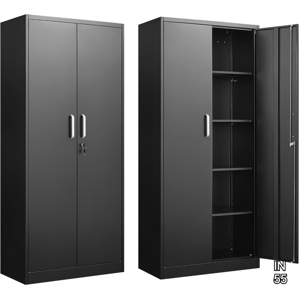 71インチ ブラックメタル収納キャビネット 調節可能な棚付き、ガレージキッチンパントリー整理用のロック可能なドア2つ付き