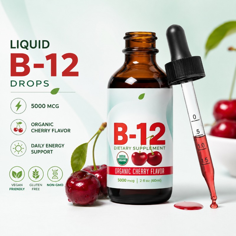 ビタミン B12 メチルコバラミン ドロップ 5000mcg、ビーガン シュガーフリー舌下液体サプリメント チェリー味 デイリー サポート 60ml