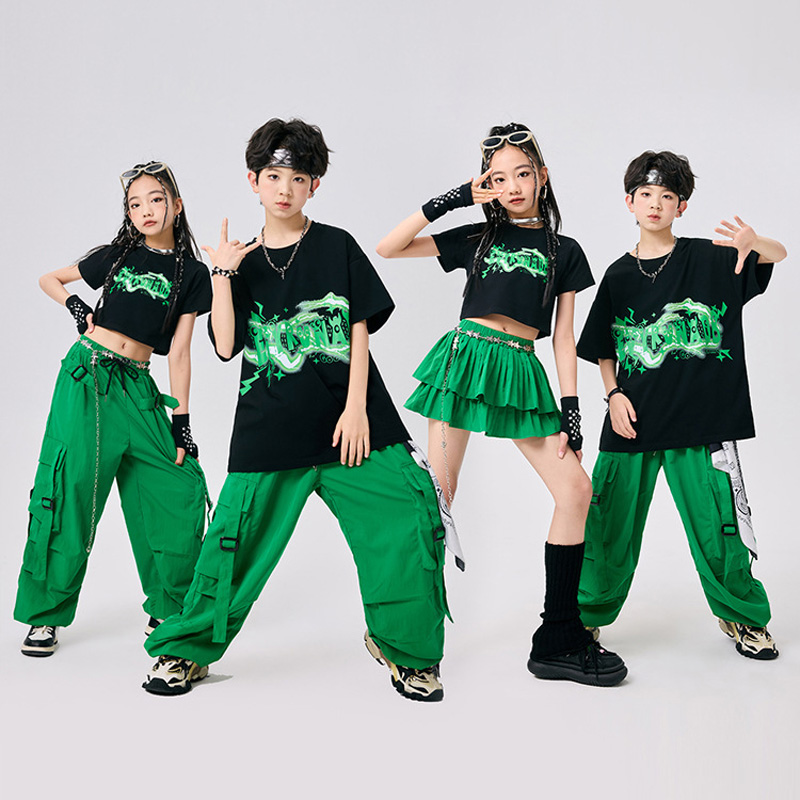 キッズジャズダンス服ボーイズヒップホップトップスグリーンスカートパンツガールズ Kpop チアリードダンスウェアチームショーステージ衣装