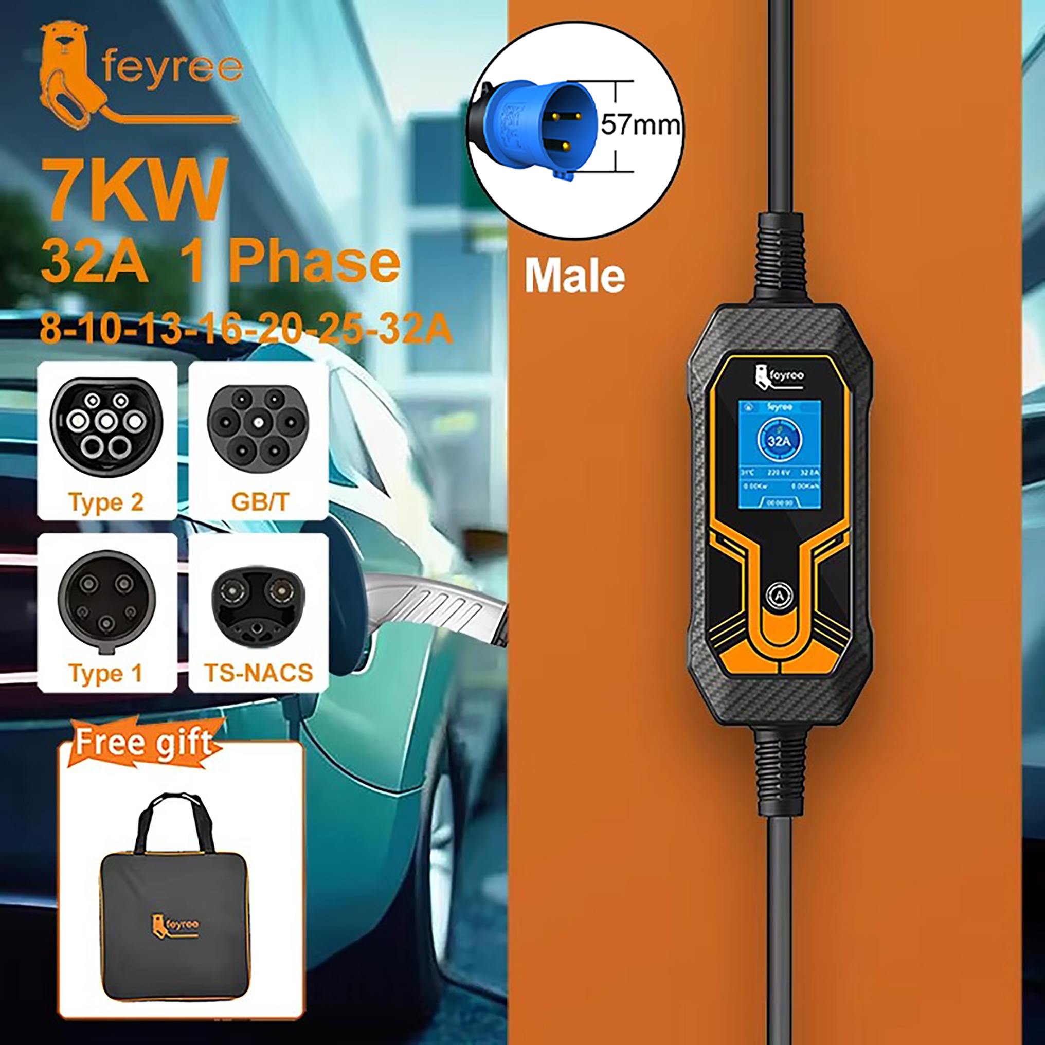 Feyree EV 充電器 Type2 7KW 32A EVSE ポータブル充電ボックス CEE オスプラグ Type1 GB/T コード 5 メートル充電ケーブル電気自動車用