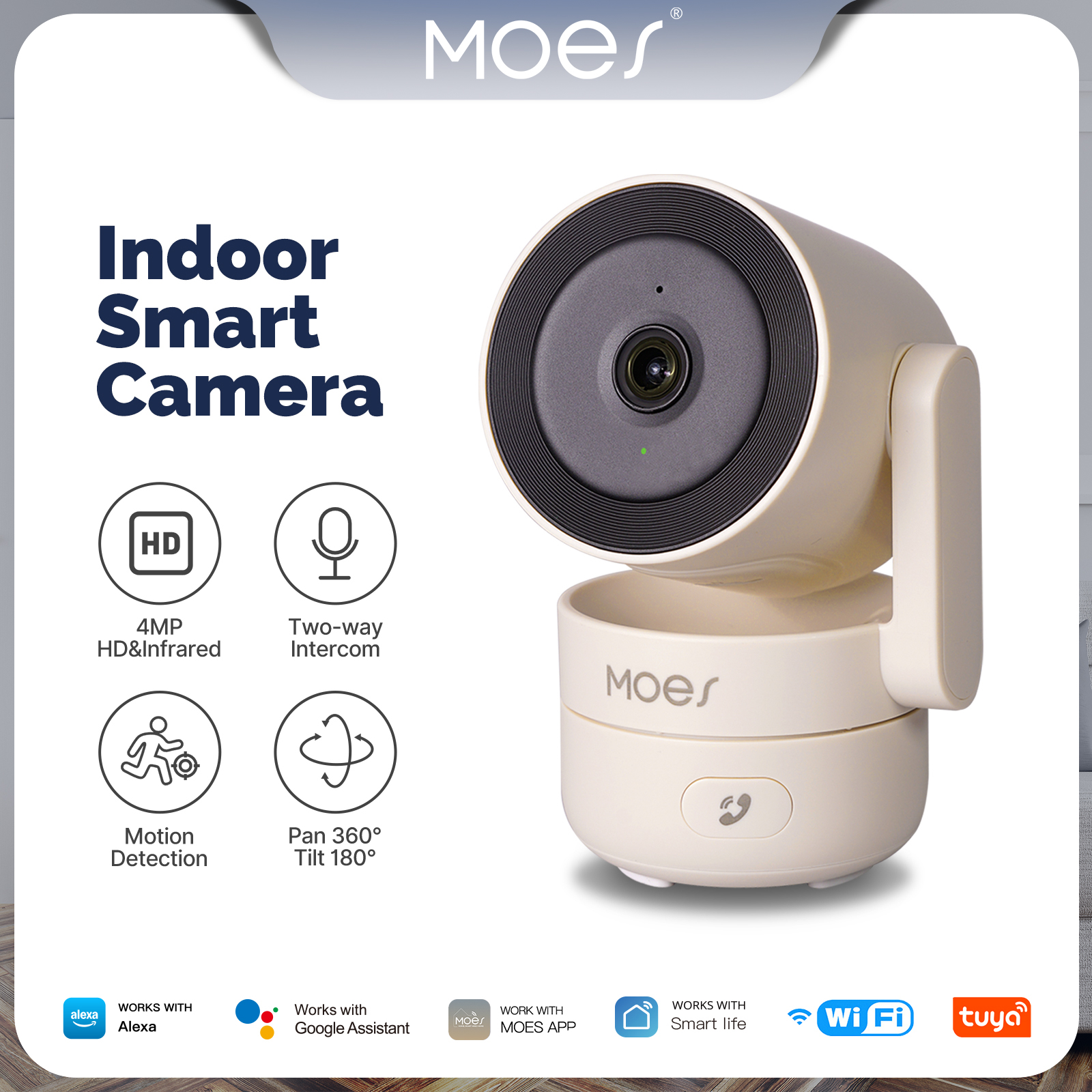 MOES Tuya Wi-Fi 2.4G/Wi-Fi 6 スマート屋内カメラ セキュリティ パン/チルト モーション トラッキング