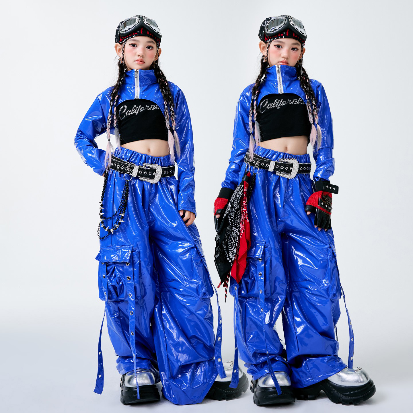 光沢のあるレザーブルーヒップホップ衣装女の子ジャズダンス衣装長袖 Kpop パフォーマンス服子供ステージ摩耗 BL17658