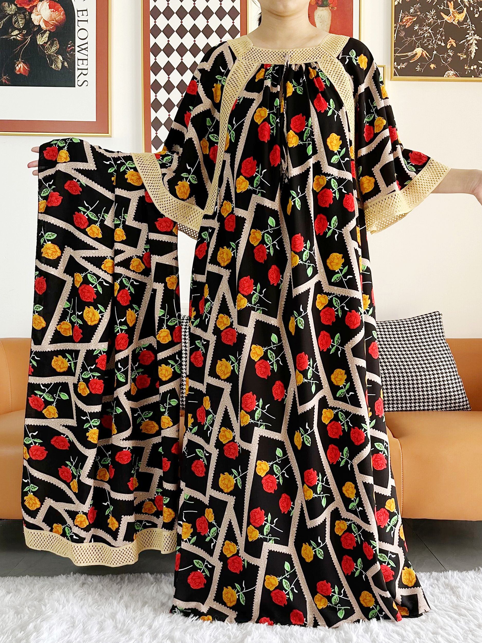2023 ハイグレードカスタム女性パーティードレスビッグスカーフ綿ローズプリントルーズ花 Boubou マキシイスラム女性半袖アバヤ