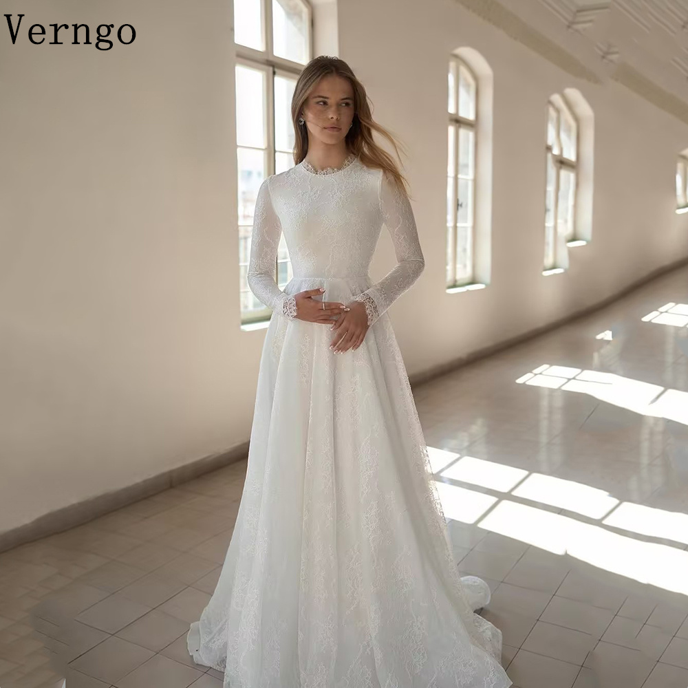 Verngo ホワイトレースフォーマルオケージョンドレス O ネックフルスリーブ A ラインウエディングドレスエレガントな女性のイブニングドレスカスタマイズ