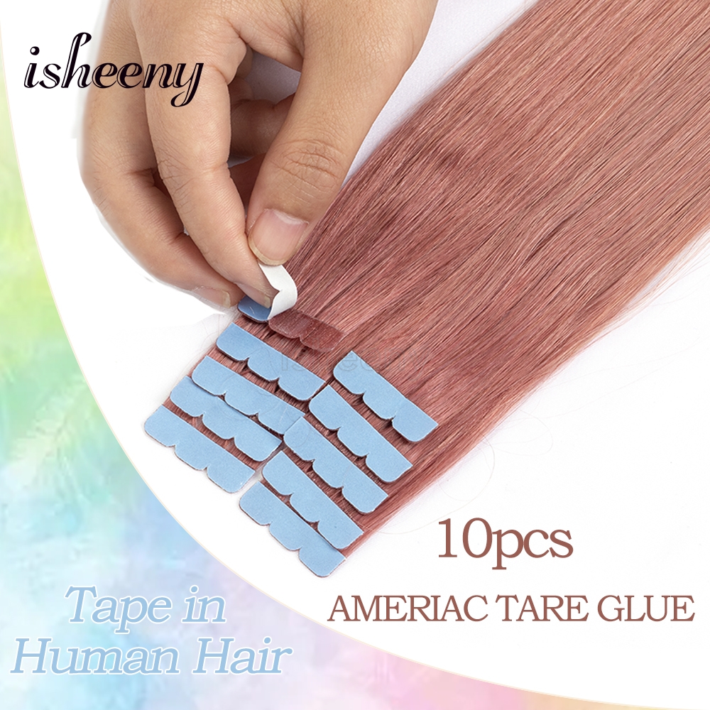 isheeny パステルピンクテープ人毛エクステンション 10 ピース/パックミニテープヘアオン接着剤 12 16 20 インチファンシーカラーヘアピース