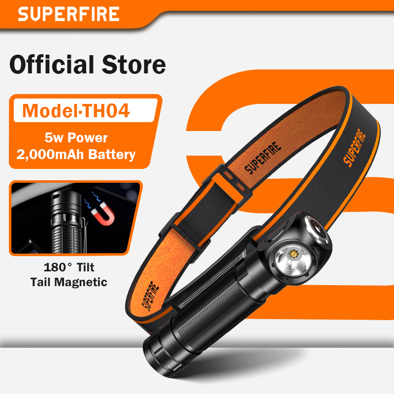 SUPERFIRE ハイパワー LED ヘッドランプ USB 充電式 90° ヘッドライト キャンプトーチ 電源インジケーター付き マグネットテールヘッド懐中電灯