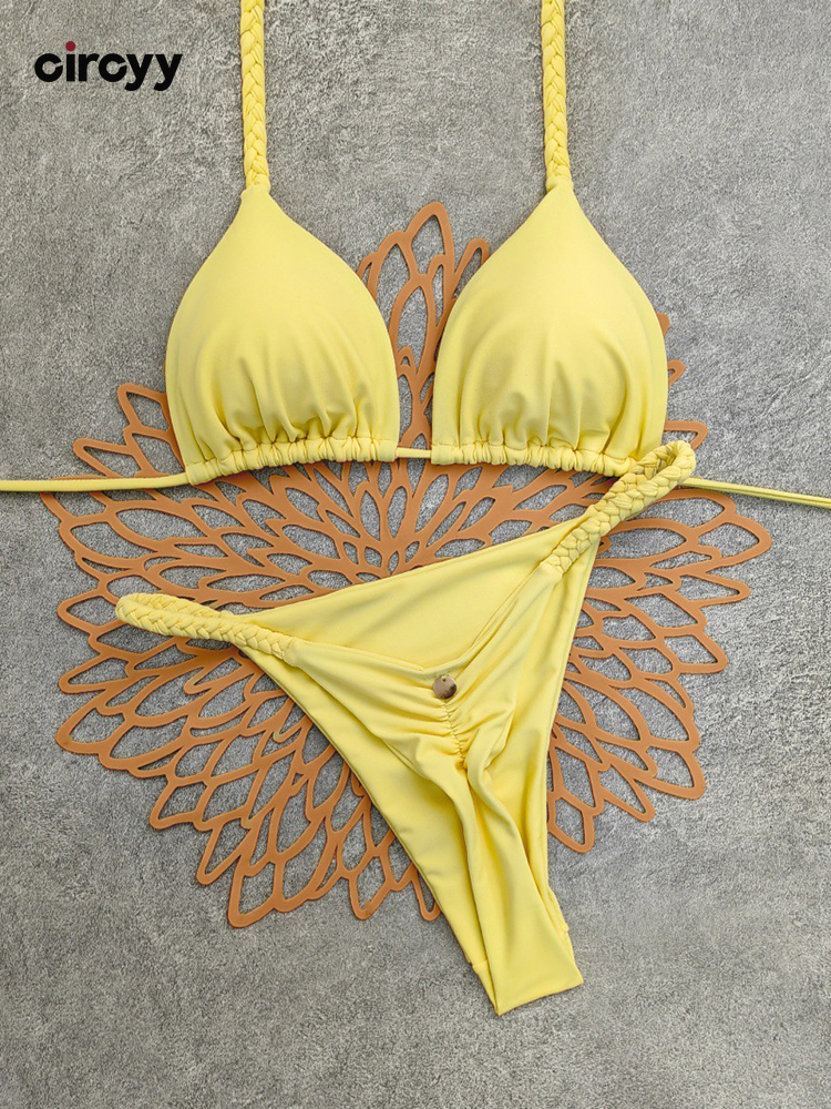 Circyy バックレス水着女性プリントイエロービキニセットホリデークラシックスプリット水着夏の新しいツーピースセクシーなビーチウェア