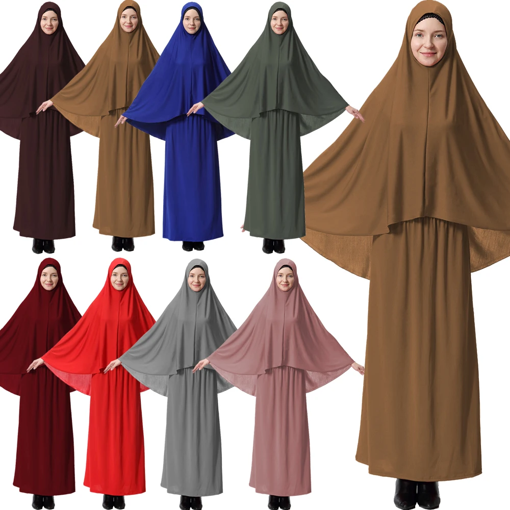 2 個アバヤイスラム教徒の女性の祈りのドレスロングヒジャーブ Khimar マキシスカートセットイスラム控えめなローブカフタンオーバーヘッド Abayas
