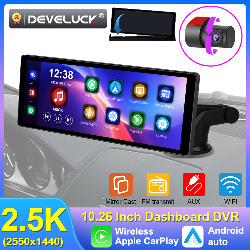 10.26 インチ ダッシュカム 2.5K 車 DVR ワイヤレス Carplay Android 自動 GPS ナビゲーション デュアル レンズ ビデオ レコーダー ダッシュボード バックミラー カメラ AUX