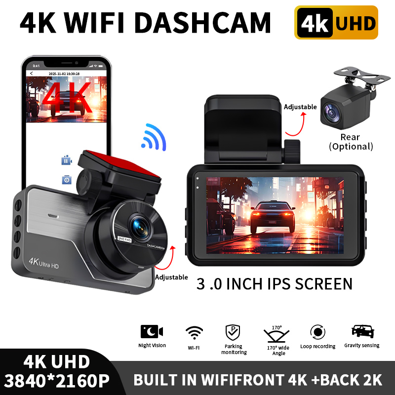 4K UHD カーダッシュカム、2K リアオプション、内蔵 WiFi APP 制御デュアルチャンネル DVR、ナイトビジョンループ録画 G センサー付き