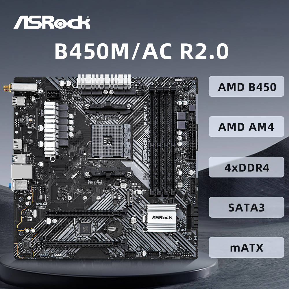 ASROCK B450M/AC R2.0 マザーボードは 5800X3D 5700X 5600X 5600G 1700X 2700X CPU AM4 4xDDR4 M.2 NVME HDMI mATX メインボードをサポート