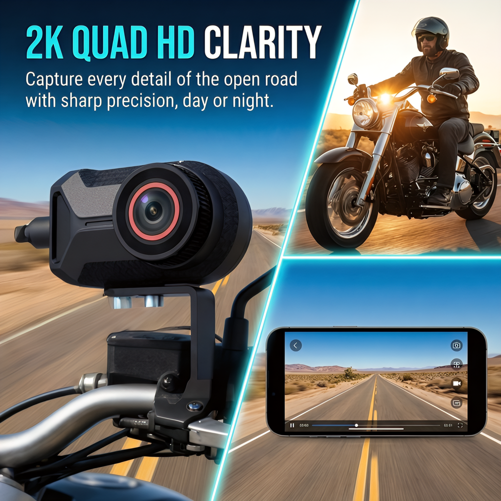 2K バイク用ダッシュカム、WiFi 防水 DVR フロントおよびリアカメラ、170° 広角、ループ録画