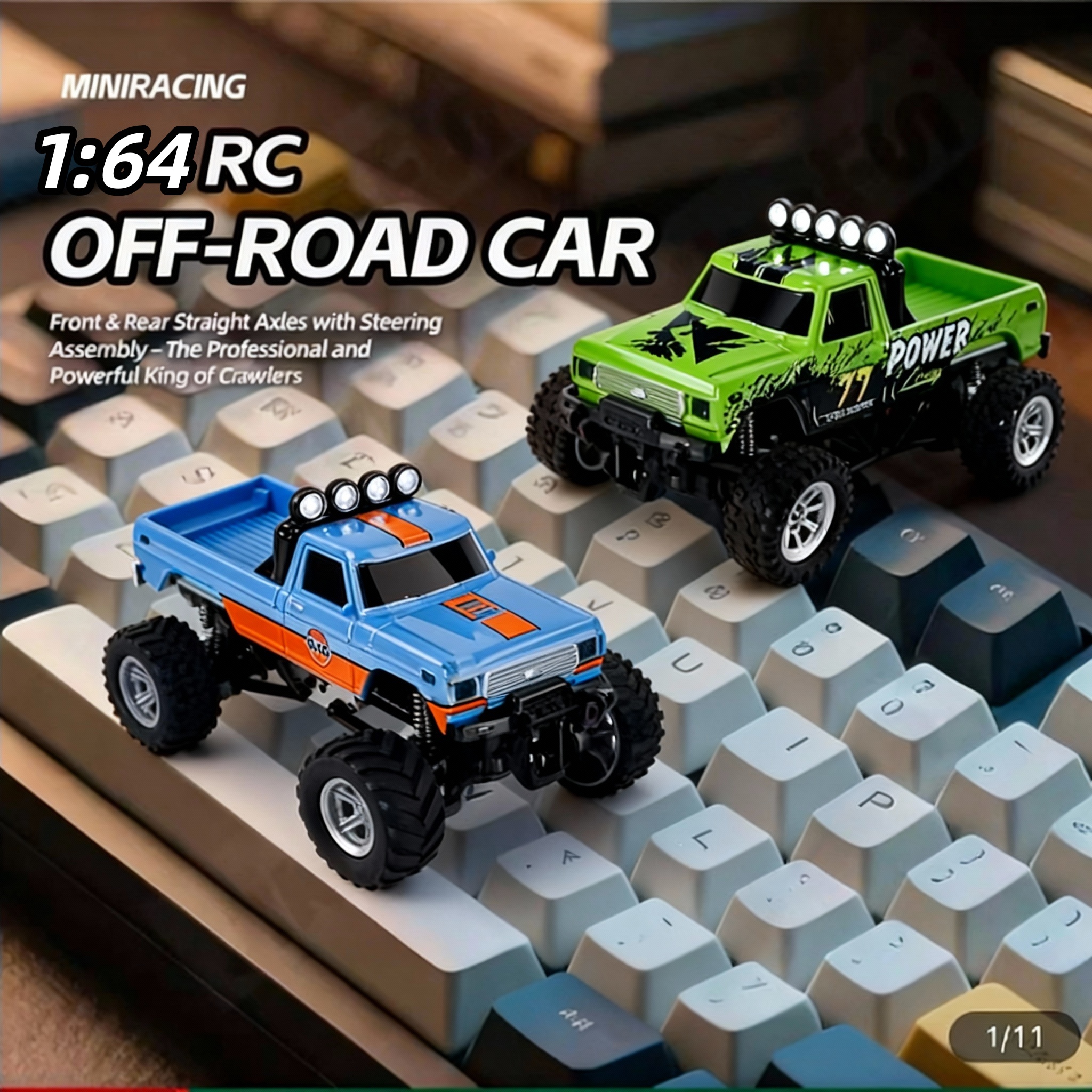 ミニ Rc トラック、ライト付き 1:64 スケール モンスター トラック リモート コントロール カー、ミニ モンスター トラック、速度/ステアリング調整可能