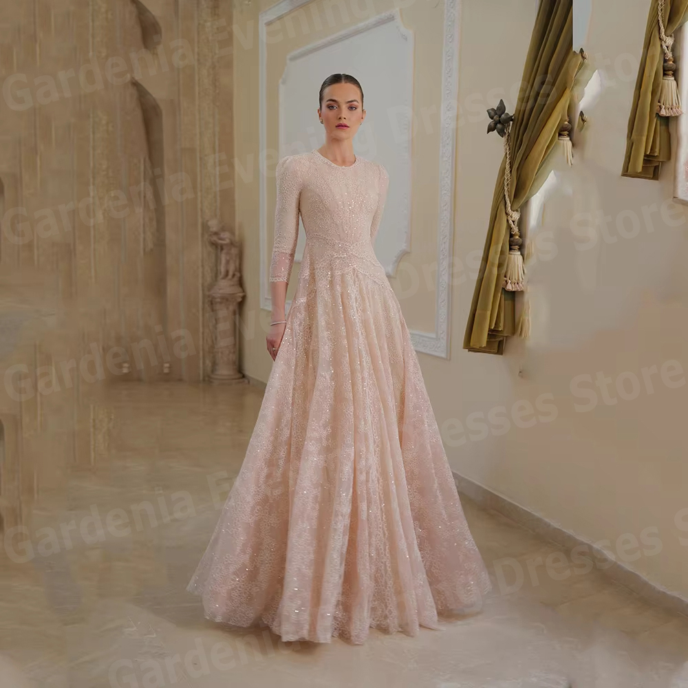 豪華な A ラインの女性のイブニングドレス O ネックウエディングドレス Vestidos パラ Mujer カスタマイズされた光沢のあるレースのフォーマルパーティーローブ · ド · ソワレ