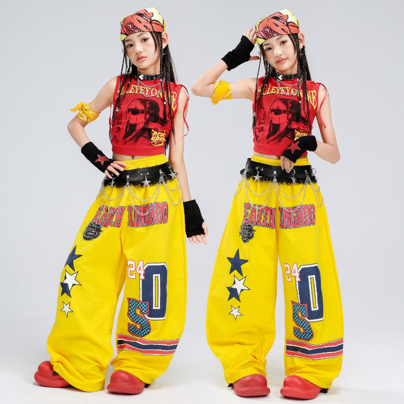 新しい女の子ジャズダンス衣装赤いベストトッププリントパンツルーズヒップホップスーツグループストリートダンスパフォーマンス着用ステージ服セット