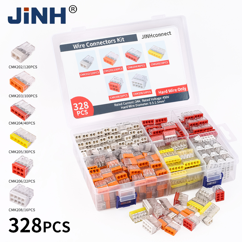 JINH 328 個ミニクイックワイヤーコネクタ 2/3/4/5/6/8 ポートナット詰め合わせパックハードステンレス簡単電気クイックプッシュイン