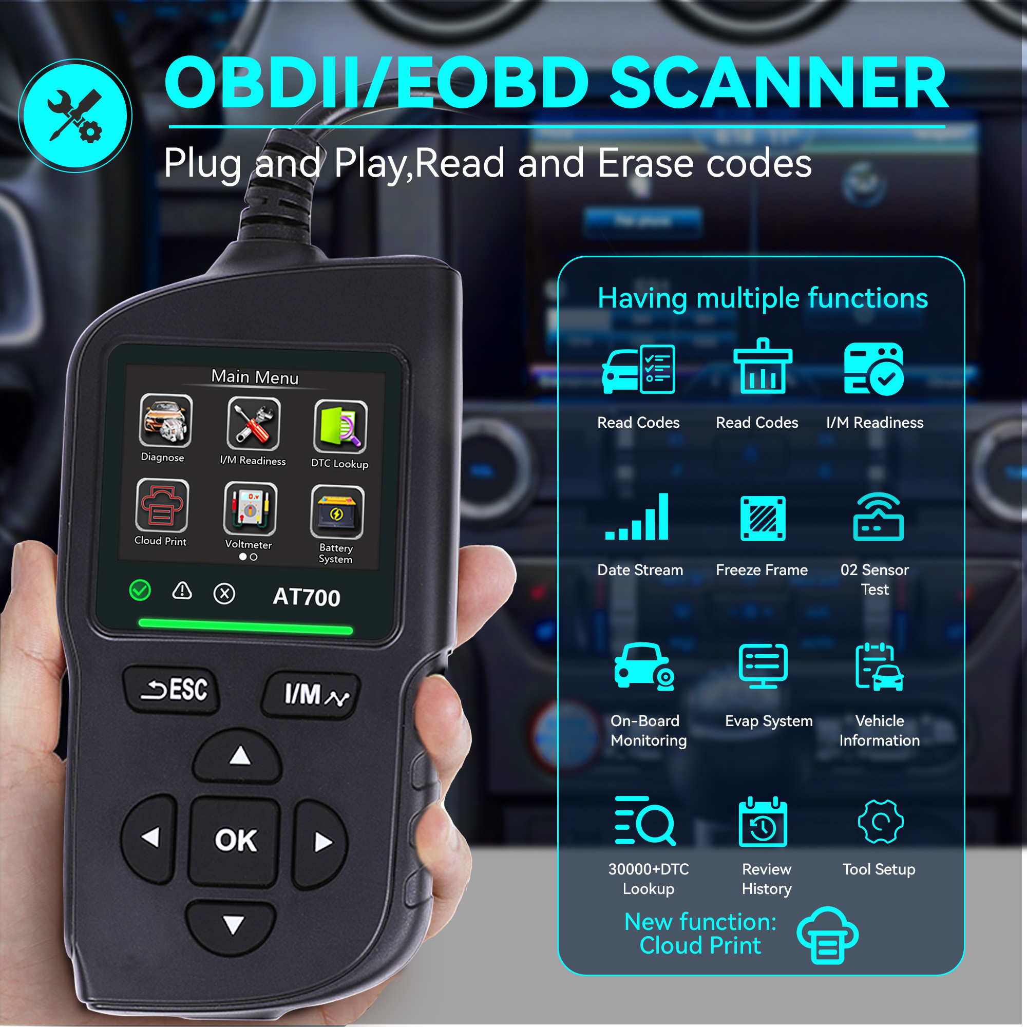 2.4インチ AT700 車 OBD2 故障スキャナー エンジンバッテリーテスト故障コード クリアリアルタイムデータ プロフェッショナル OBD 検査ツール