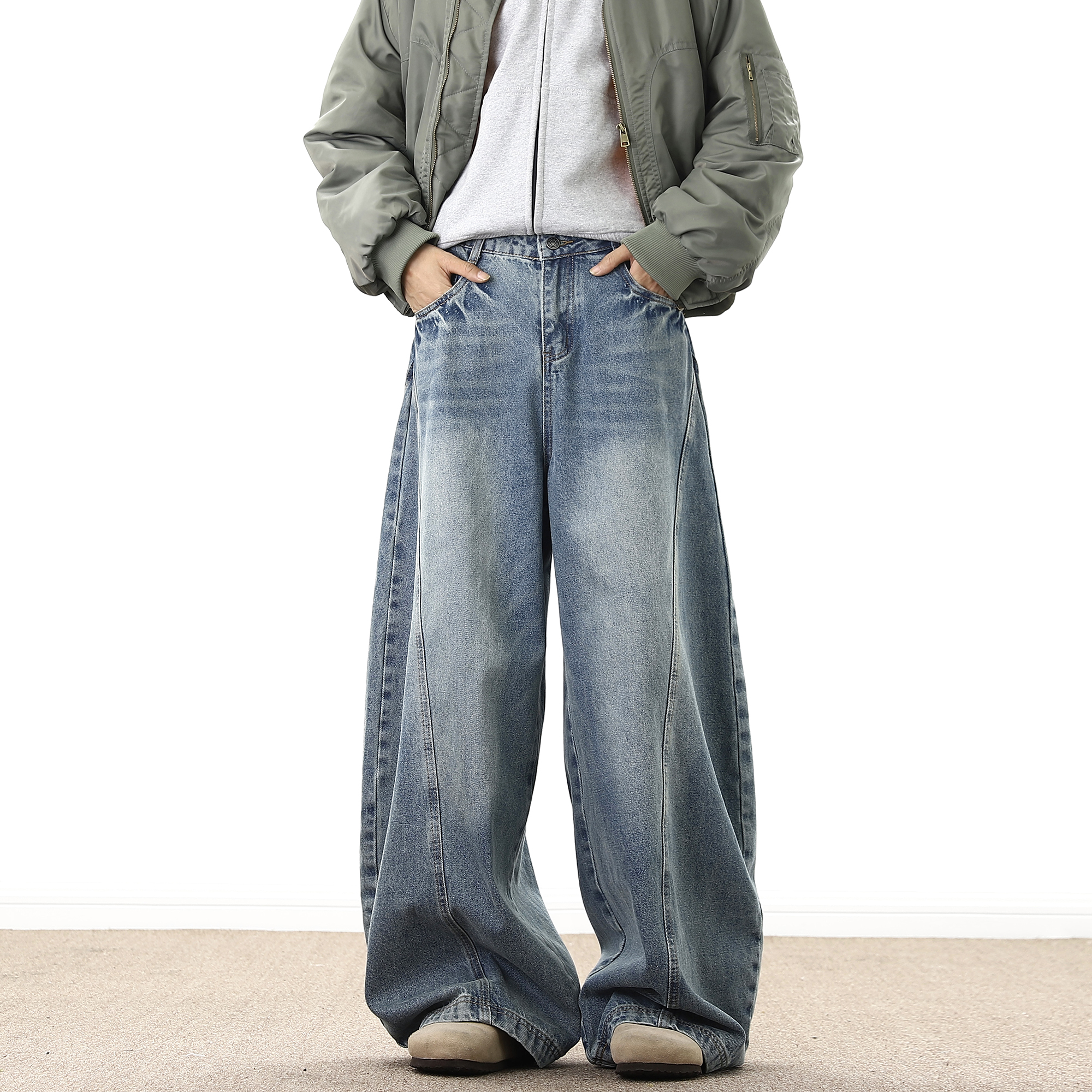 ワイドレッグデニムパンツ男性ルーズカウボーイモップパンツだぶだぶのメンズジーンズファッションハンサム洗浄ストリートカジュアル