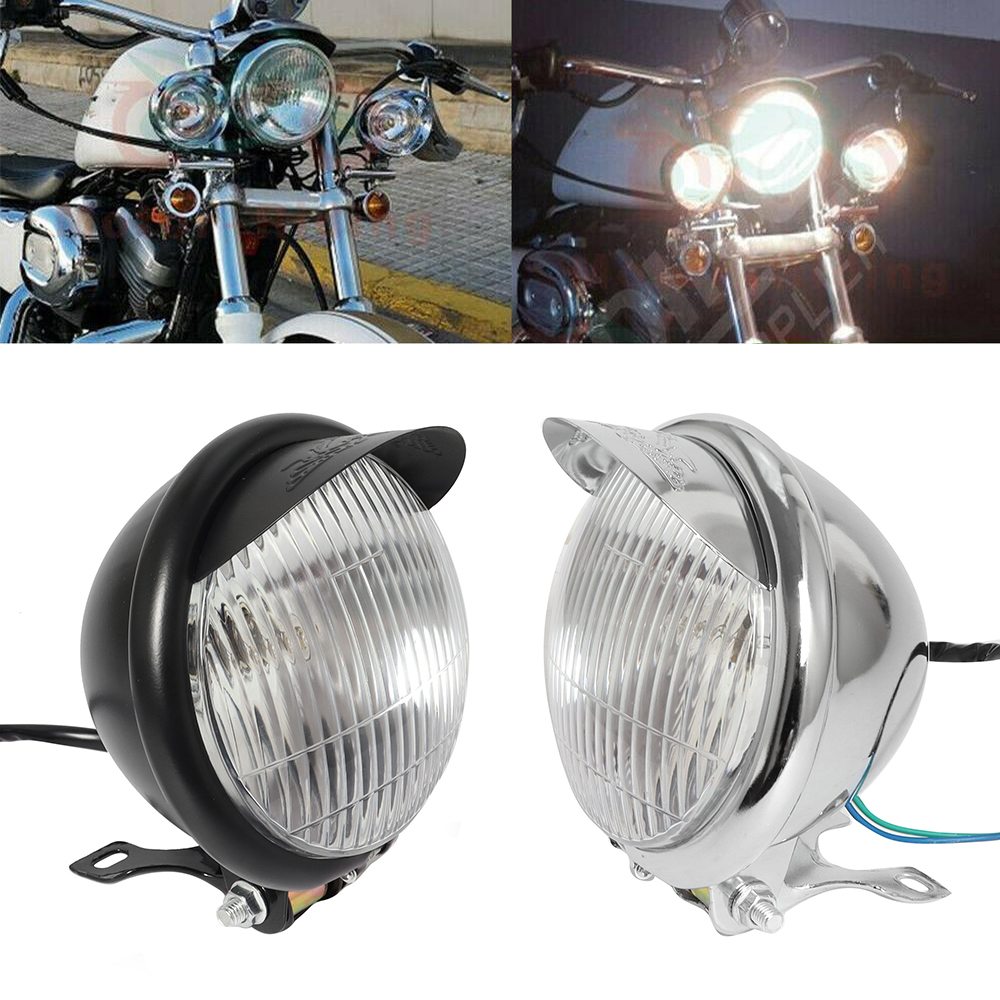 5.5 "オートバイヘッドライトフロントラウンドバイザーライトランプブラック/クロームクルーザーチョッパーカフェレーサーボバーカスタム