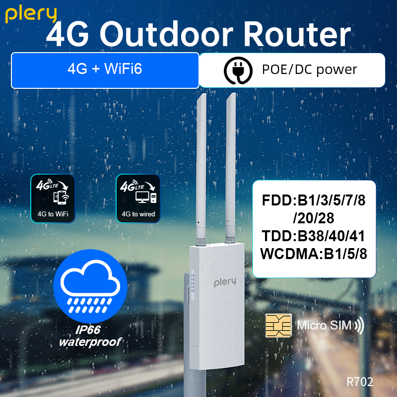 PLERY 4G ルーター屋外 IP66 CAT4 AX300 WiFi6 ルーター 4G 外装 IP カメラ/CPE 300Mbps グローバル LTE ルーター 3*5dBi アンテナ EU