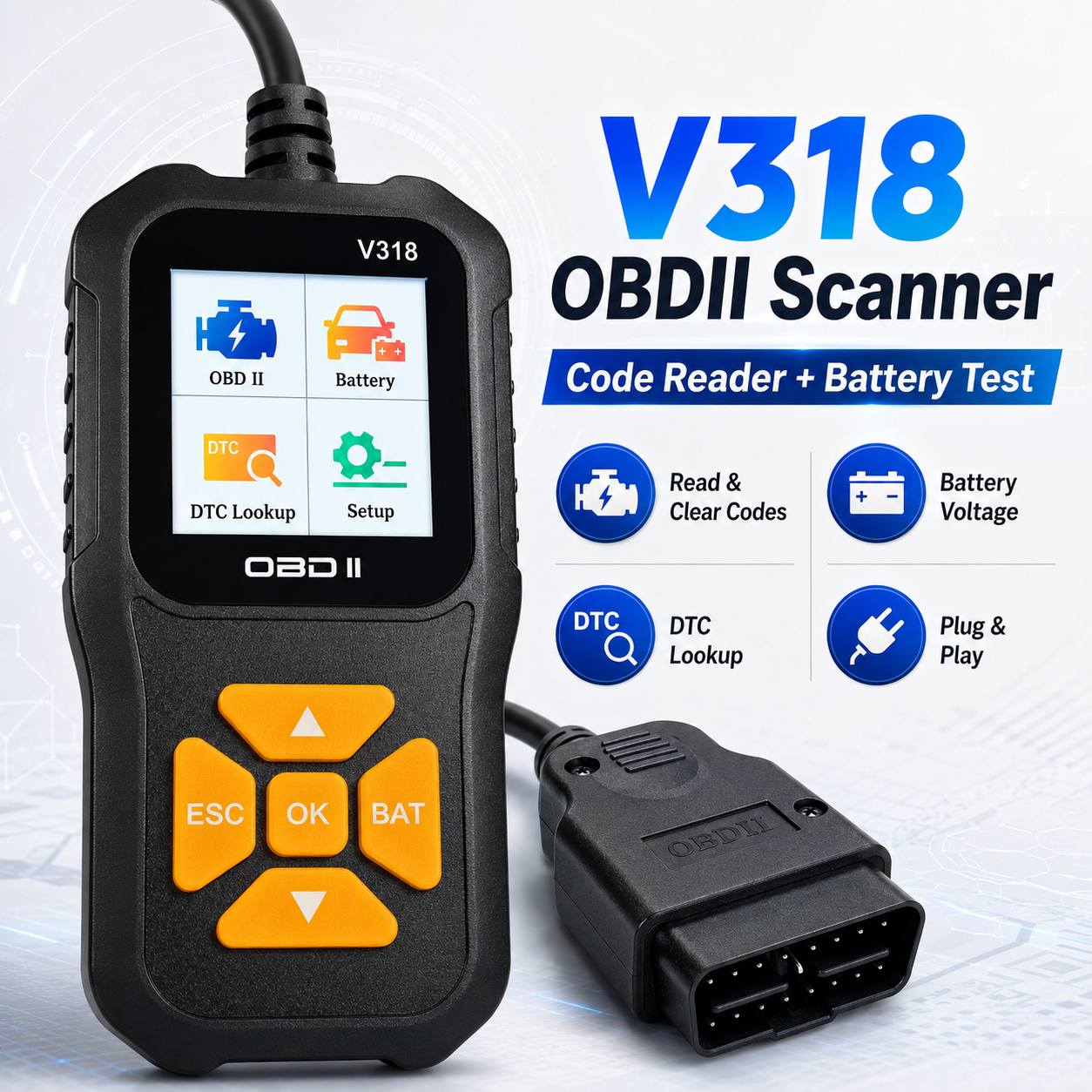 V318 OBD2 スキャナコードリーダー、バッテリー電圧テスト付き車エンジン故障診断ツール、読み取り