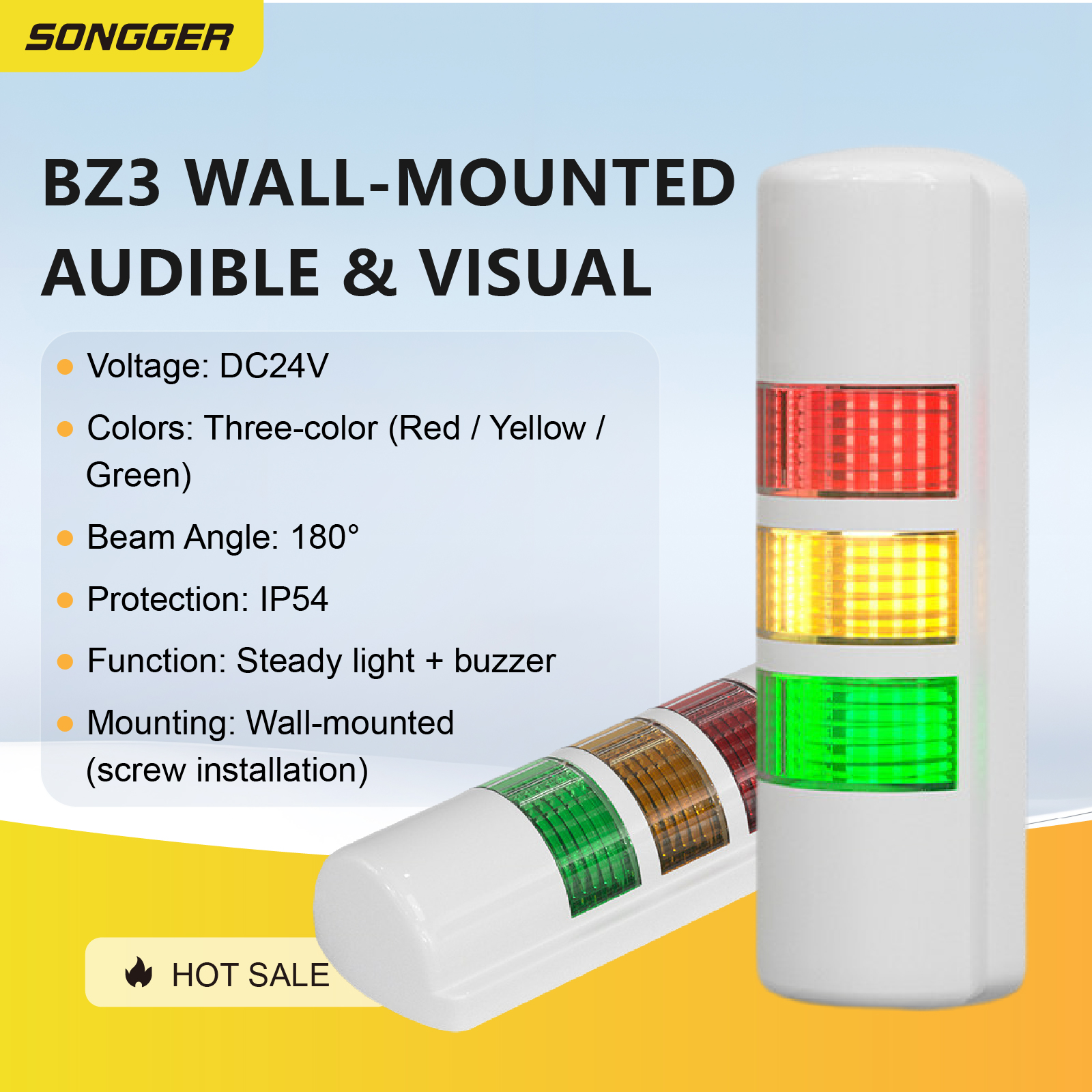 SWTEL-BZ-3 壁取り付け 3 色シグナルタワーライトブザー付き LED スタックライト 24VDC 可聴視覚アラーム