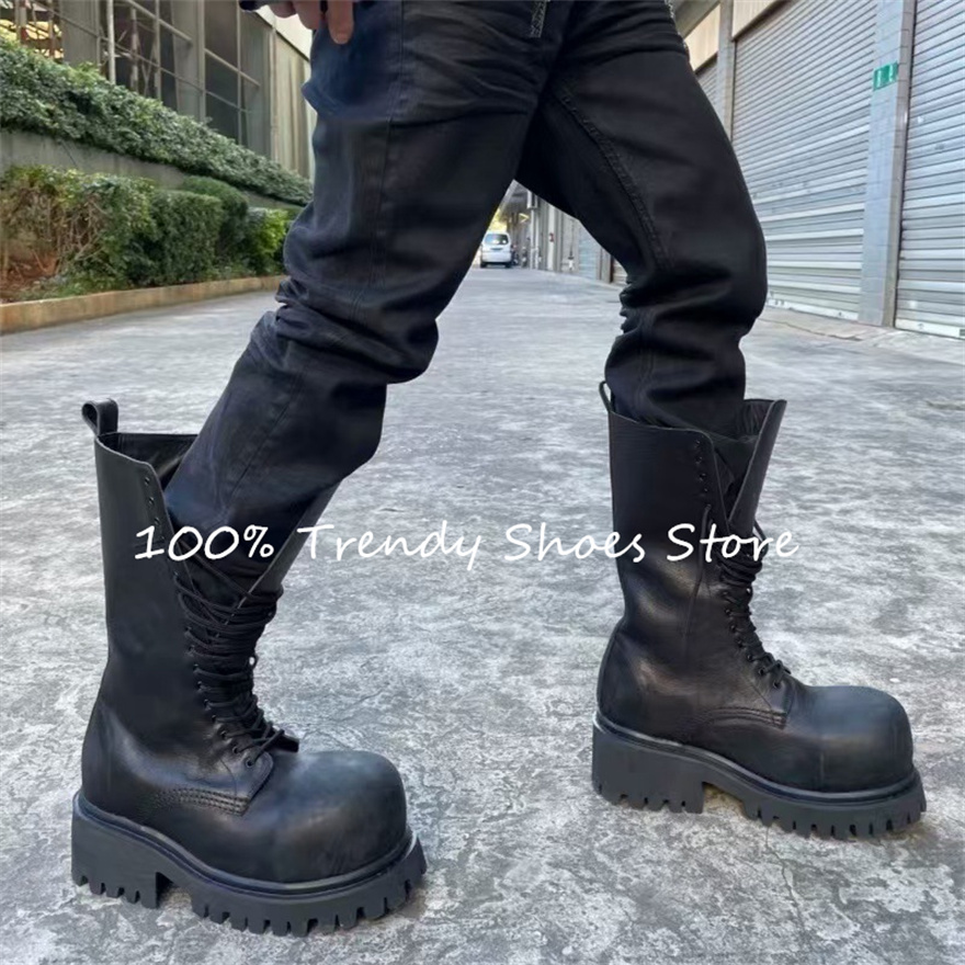 ビッグヘッドチャンキーボトムアンチスリップオートバイブーツ男性用ハイトップレースアップチャンキーヒールミッドカーフブーツファッション男性外靴