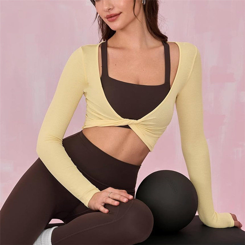 hirigin Womens Workout Tops Long Sleeve Deep V Neck Solid Color Twist Front Slim Fit Cropped Shirts for Gym Yoga Ballet Pilates