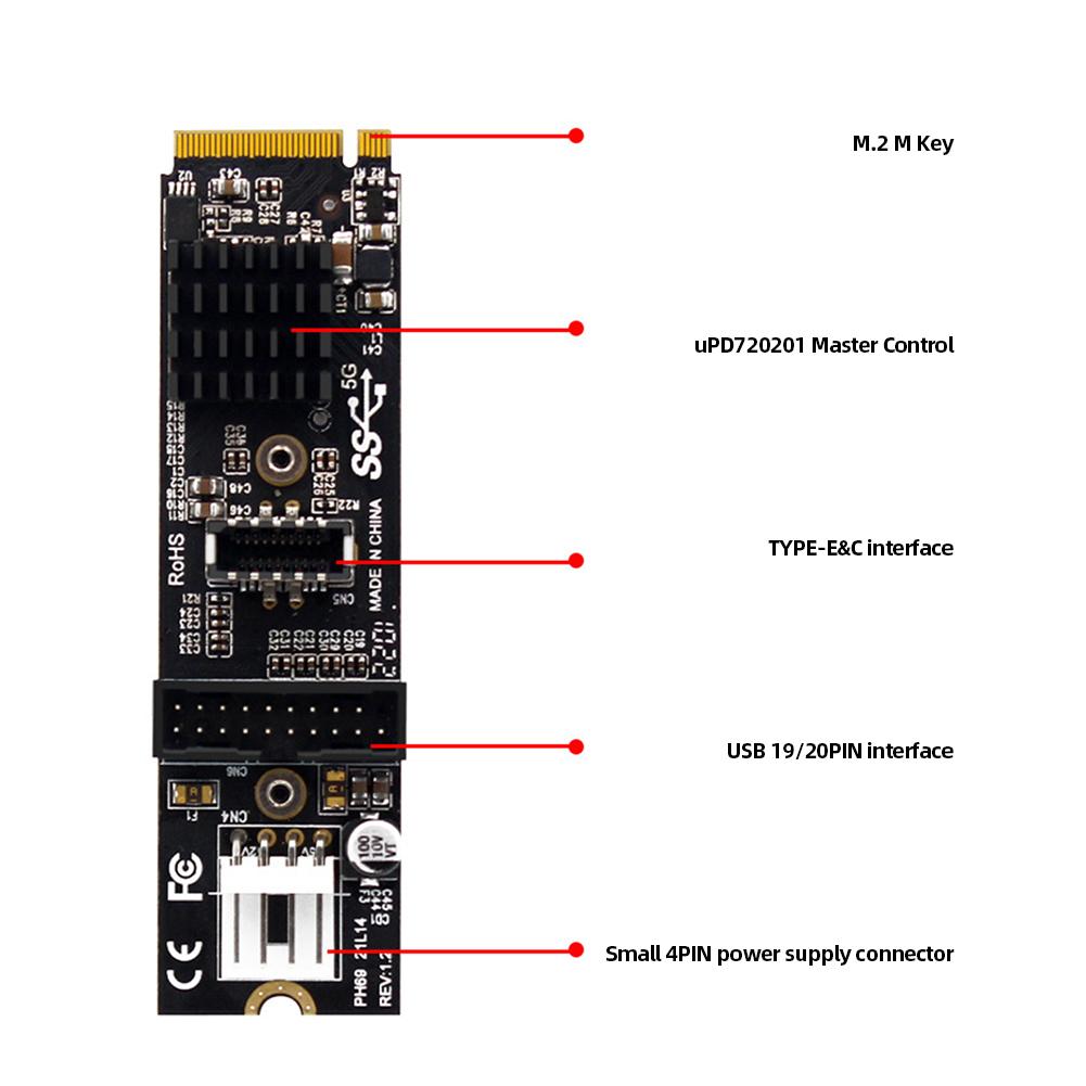 M.2 MKey PCIe - USB 3.1 フロント拡張ボード TYPE C+19/20PIN M.2 M Key PCIe - USB 3.1 フロント拡張アダプタ 5Gb