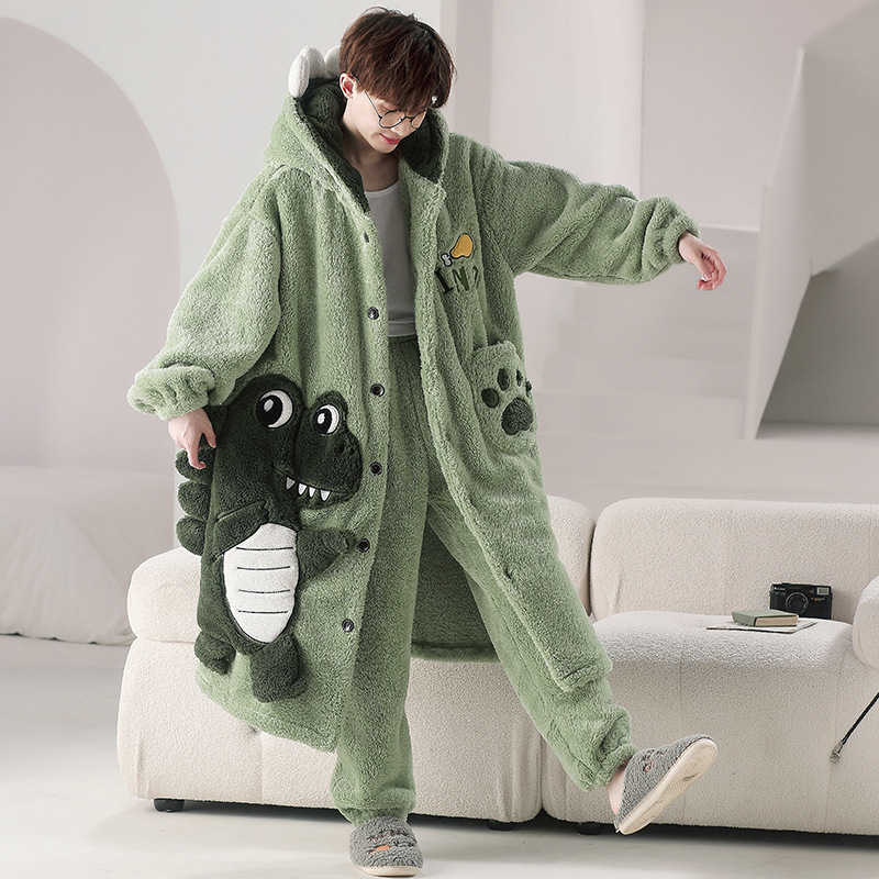 Thick Flannel Male Pajamas Sets Loose O-neck Sleepwear For Mens Warm Winter Home Clothes Big Boys Clothing Robe Pants 2Pcs/Set