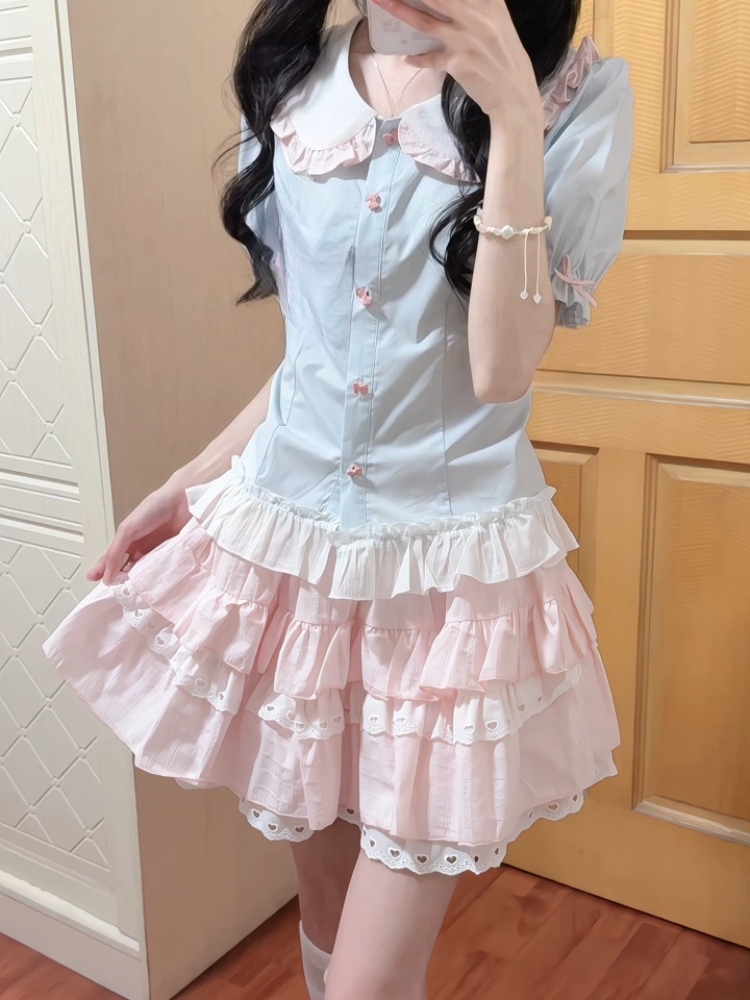 和菓子レースパッチワークセット女性半袖シャツトップケーキスカートスーツY2kかわいいカラーブロッキングツーピースセット2026