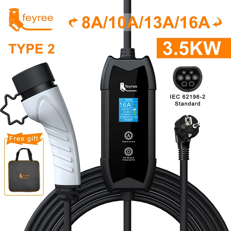 feyree EV ポータブル充電器 Type2 / GB/T プラグコネクタ 16A 1 相 3.5KW Type1 3.5 メートルウォールボックス充電ステーション電気自動車用