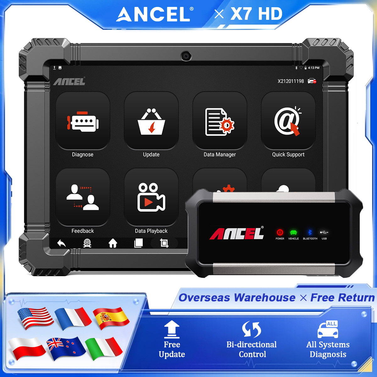 ANCEL X7 HD OBD2 大型トラックスキャナ診断ツール全システム DPF 再生 ECU コーディング 40 リセット双方向ディーゼルスキャナ