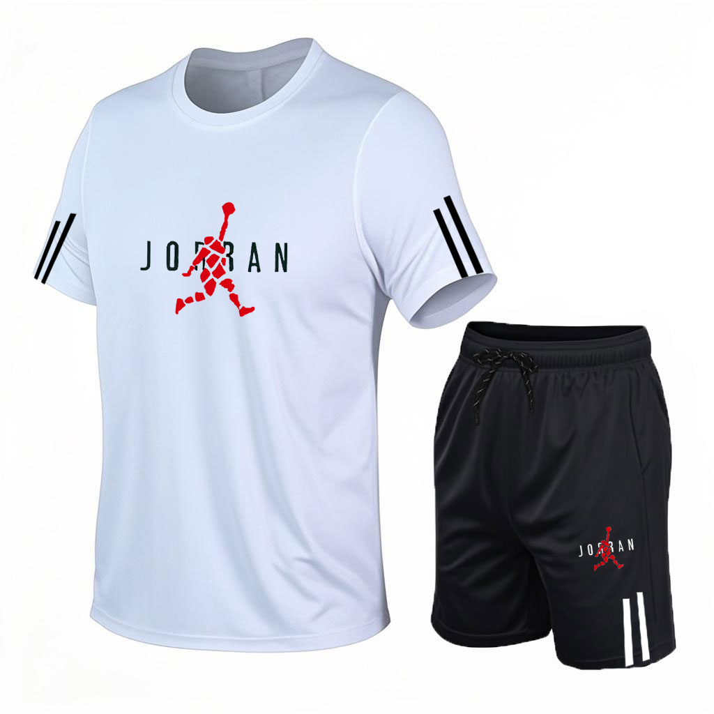 2026メンズカジュアルスポーツツーピースセット、ファッショナブルなプリント半袖とショートパンツ、ランニングスポーツ半袖セット