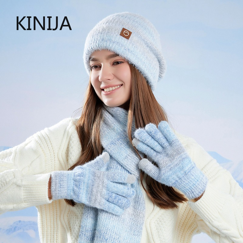 冬キャップ手袋スカーフセット女性 GradientColor ニット帽子肥厚フリース裏地スカルキャップ屋外サイクリング防風ビーニー