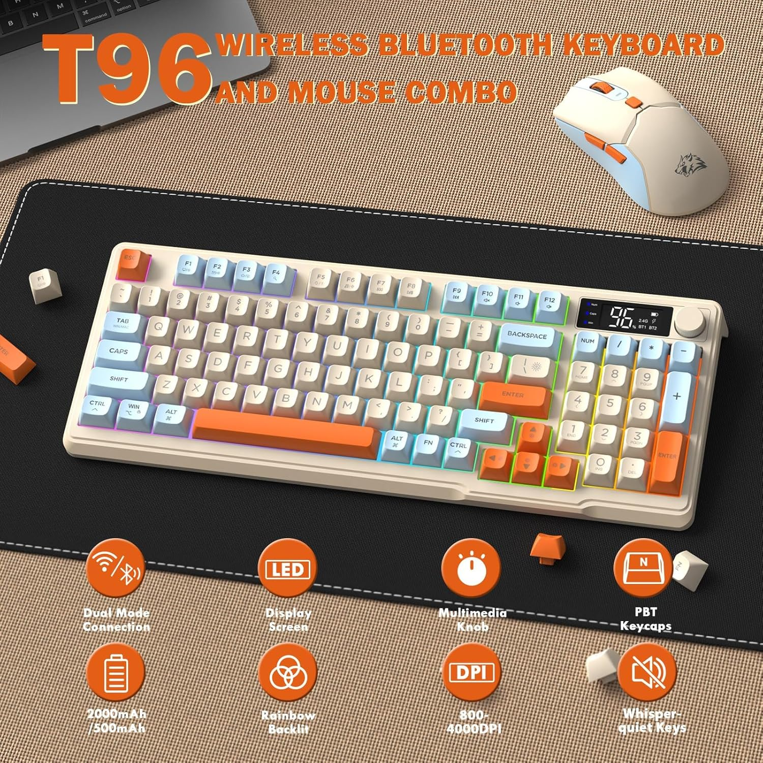 ZIYOU LANG T96 ワイヤレス ゲーミング キーボードとマウスのコンボ、BT/2.4G RGB バックライト付き、スマート ディスプレイ付き